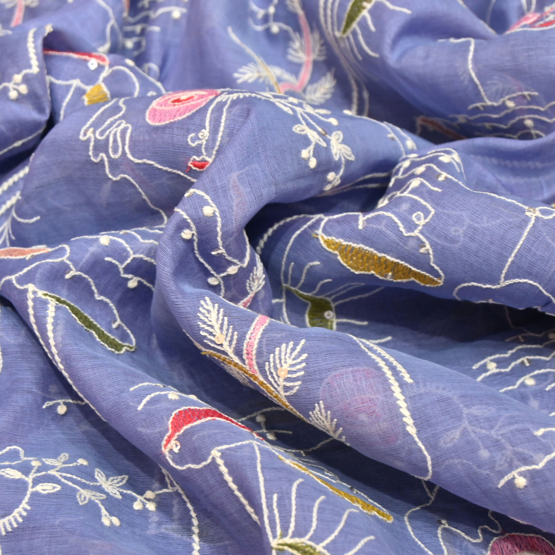 Soft Blue Mul Chanderi Fabric with allover Sequins Thread Embroidery.