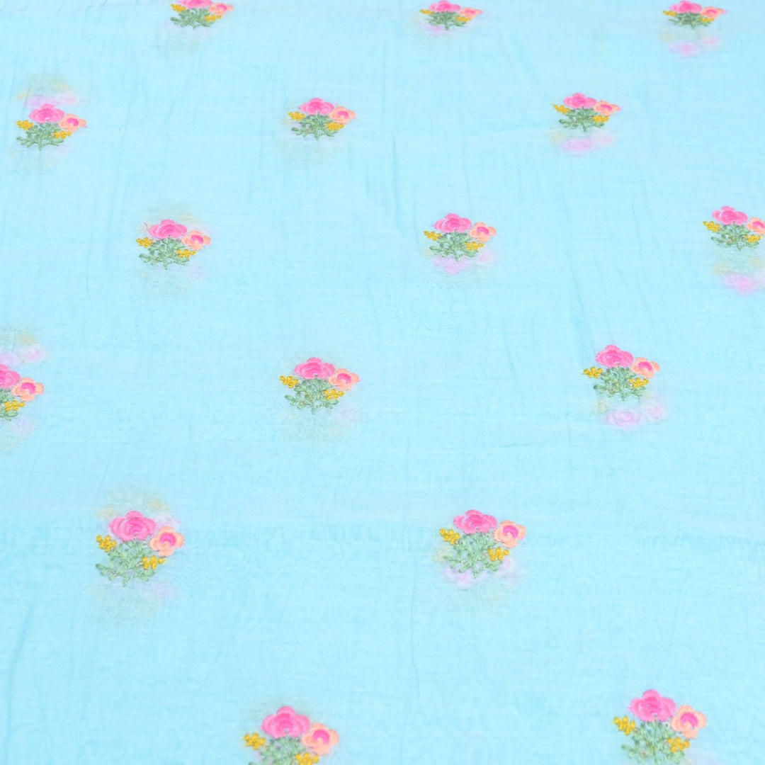 Coral Blue Color Mul Chanderi Thread & Sequins Embroidery Fabric | Designer Fabric-V01954C