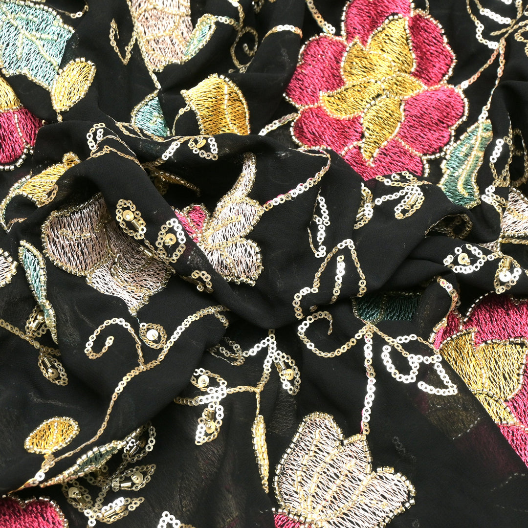 Multi thread and pearl sequin embroidery fabric on viscose organza
