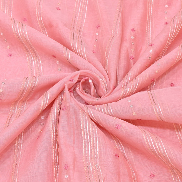 Soft Pink Rose Color Mul Chanderi Thread Embroidery Fabric
