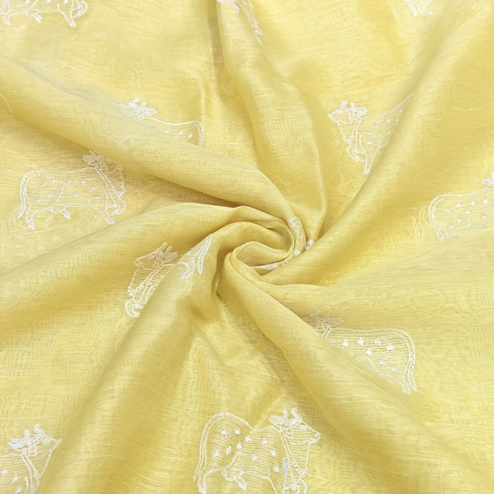 Lemon Yellow Color Linen Thread Embroidery Fabrics – Soft Designer Linen Embroidered Fabric-031168-3
