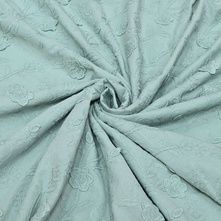 Summer Green Color Pure Cotton Floral Thread Embroidery Fabric