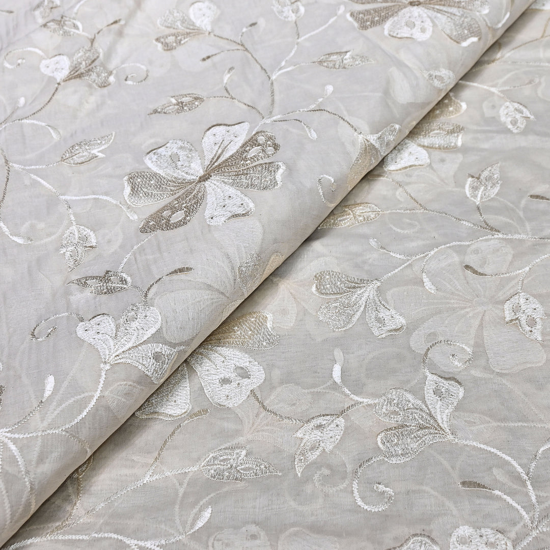 Premium Dyeable Mul Chanderi Floral Thread Embroidery Fabric - 0NDA46