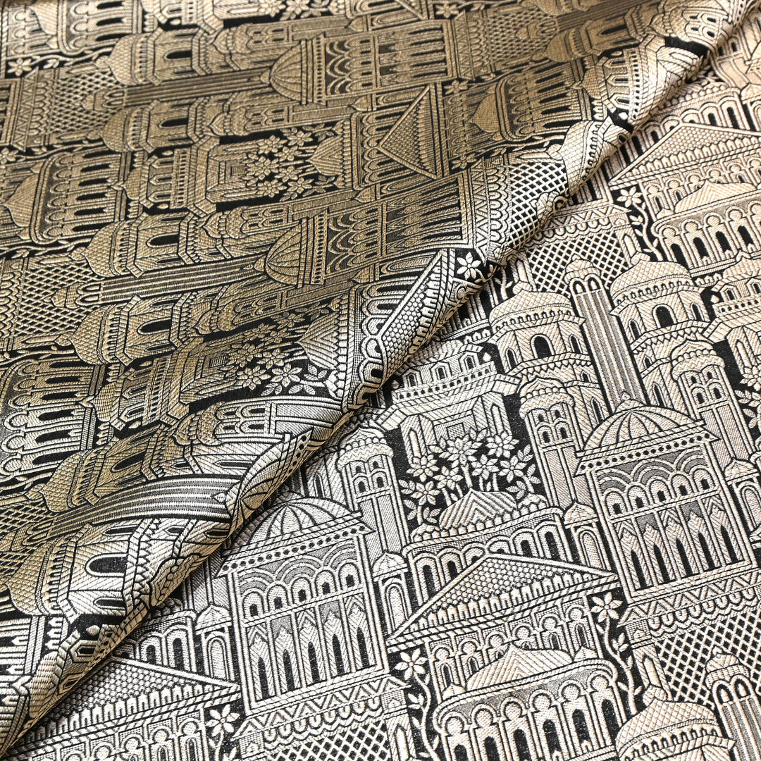 Black Color Pure Silk Alfi Zari Brocade Fabric 44" – Luxury Traditional Designer Fabric ZTF001-1