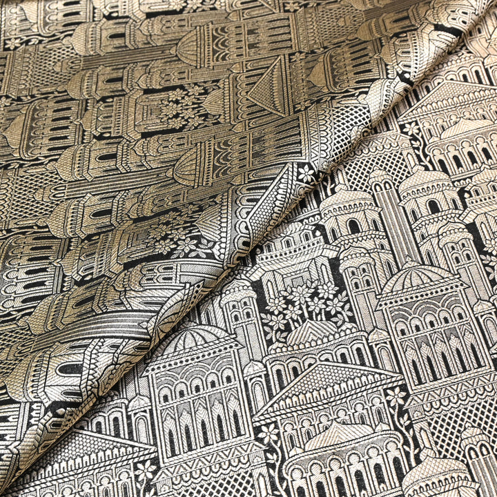 Black Color Pure Silk Alfi Zari Brocade Fabric 44" – Luxury Traditional Designer Fabric ZTF001-1
