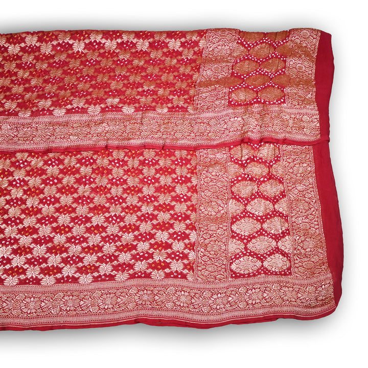 Red Gharchola Bandhani Dupatta in Pure Georgette – Traditional Zari Woven Festive Dupatta