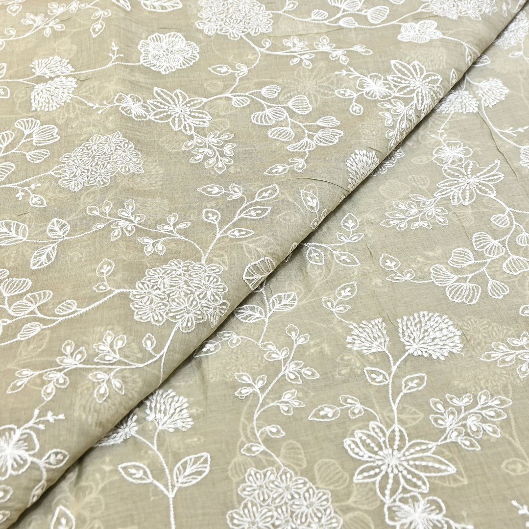 Soft Sage Beige Color Mul Chanderi Thread Embroidery Fabric – Soft Lightweight Designer Fabric- F73560-3