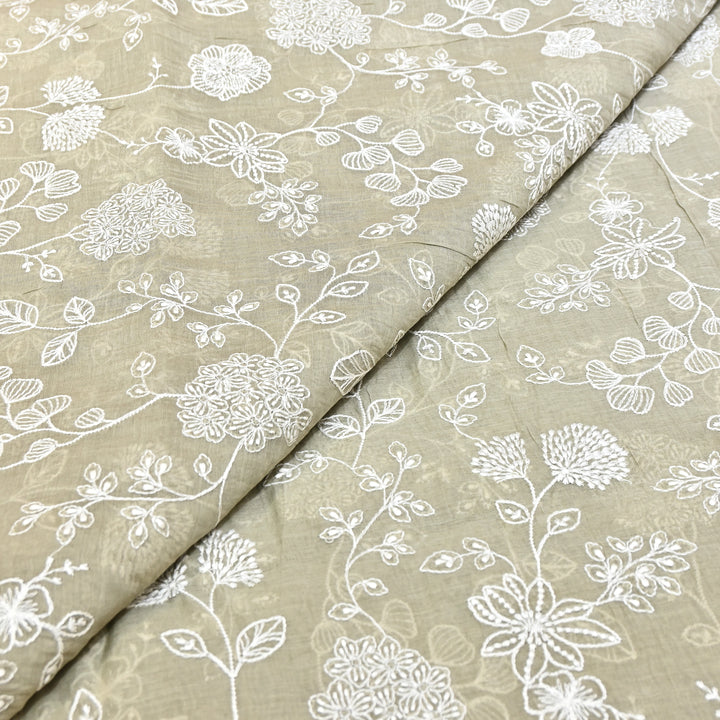 Soft Sage Beige Color Mul Chanderi Thread Embroidery Fabric – Soft Lightweight Designer Fabric- F73560-3