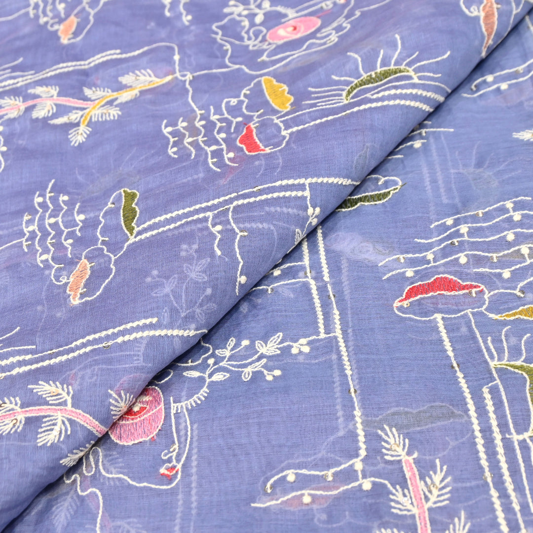 Soft Blue Mul Chanderi Fabric with allover Sequins Thread Embroidery.