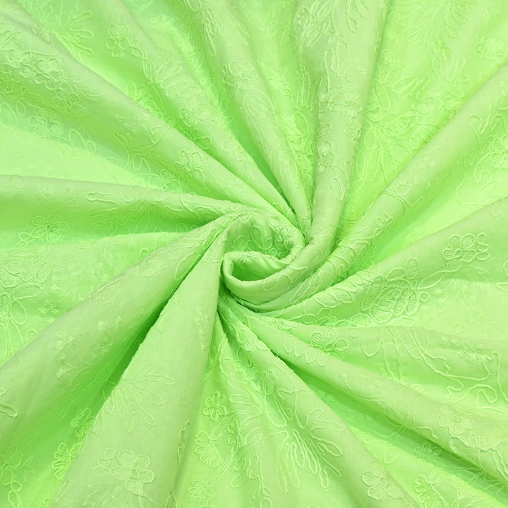 Pistachio Green Color Cotton Floral Thread Embroidery Fabric – Soft Designer Embroidered Cotton Fabric 0AT112-8