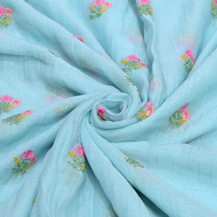 Coral Blue Color Mul Chanderi Thread & Sequins Embroidery Fabric | Designer Fabric-V01954C