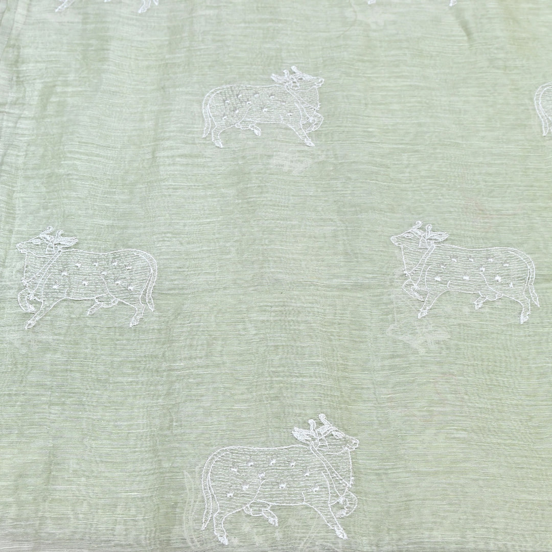 Sage Green Color Linen Thread Embroidery Fabrics – Soft Designer Linen Embroidered Fabric-031168-4