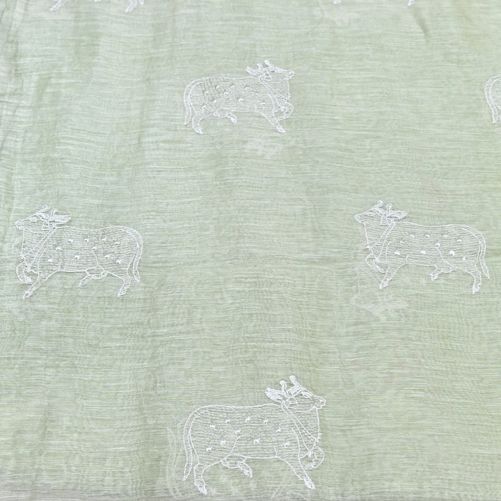 Sage Green Color Linen Thread Embroidery Fabrics – Soft Designer Linen Embroidered Fabric-031168-4