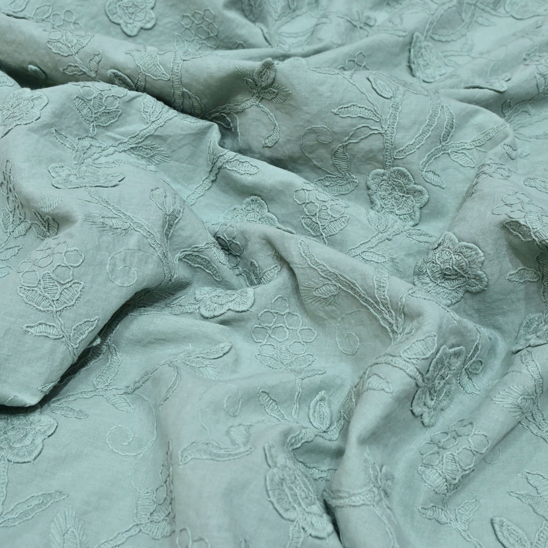 Summer Green Color Pure Cotton Floral Thread Embroidery Fabric