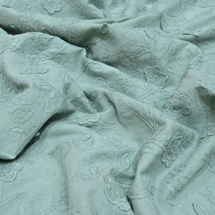 Summer Green Color Pure Cotton Floral Thread Embroidery Fabric