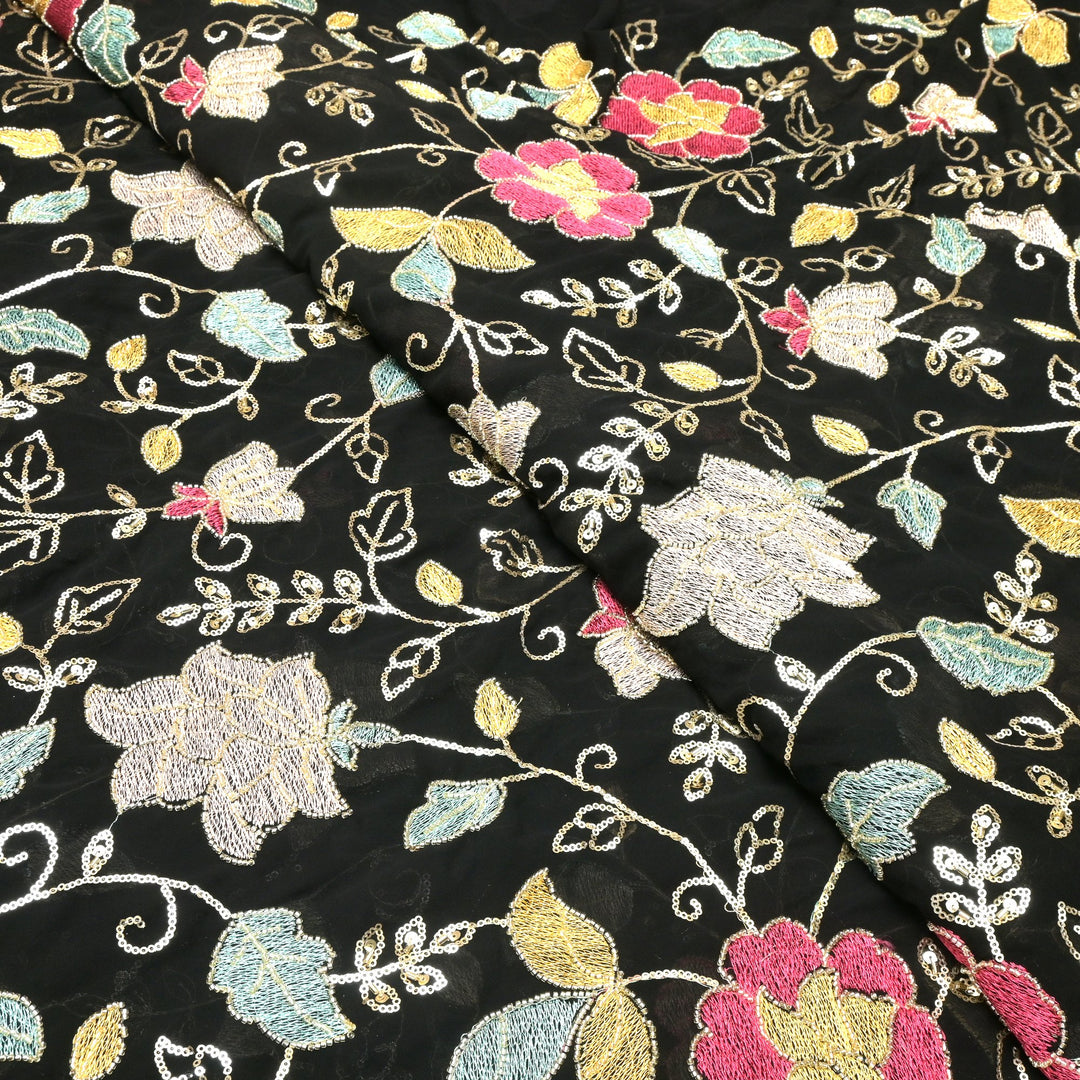 Multi thread and pearl sequin embroidery fabric on viscose organza