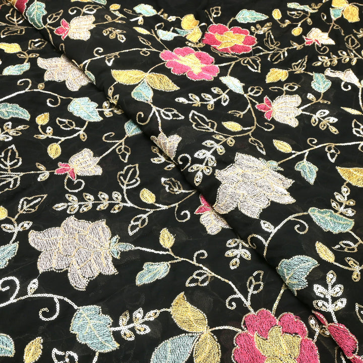 Multi thread and pearl sequin embroidery fabric on viscose organza
