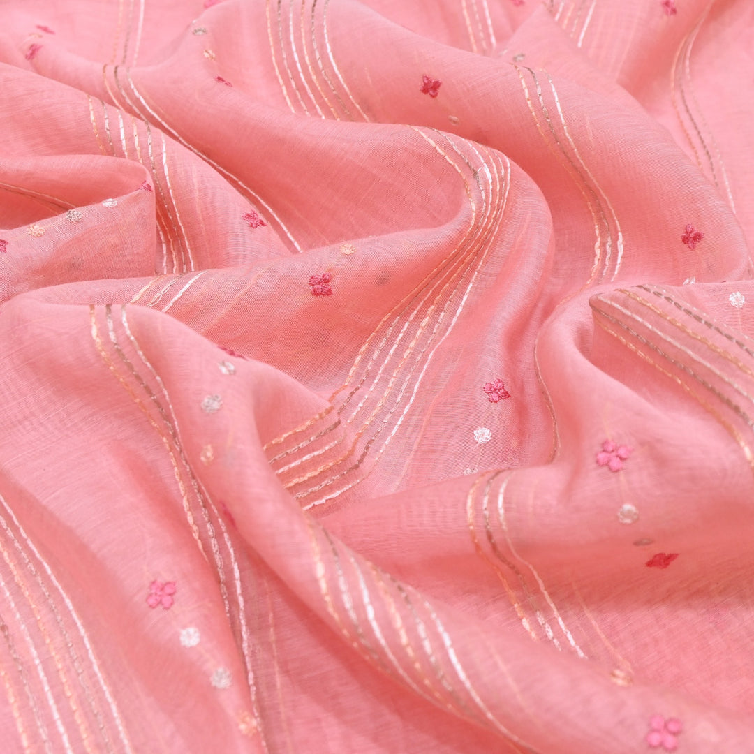 Soft Pink Rose Color Mul Chanderi Thread Embroidery Fabric