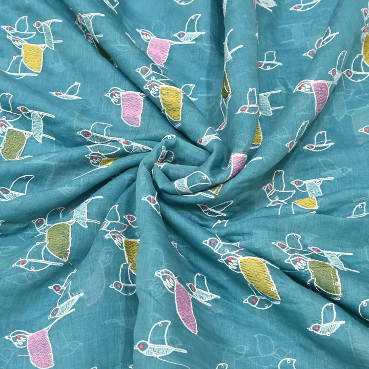 Elegant turquoise blue base Mul Chanderi Sequins Embroidery.