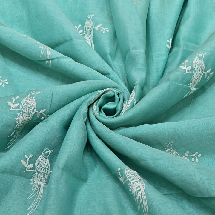 AQUA SAGE BLUE COLOR MUL CHANDERI THREAD EMBROIDERY FABRIC GP4120A-4