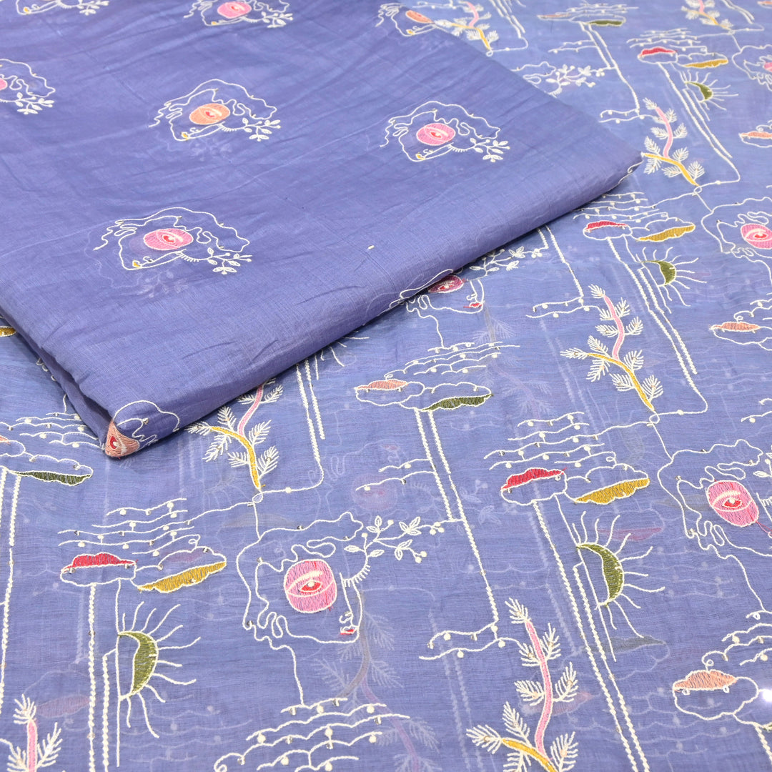 Soft Blue Mul Chanderi Fabric with allover Sequins Thread Embroidery.
