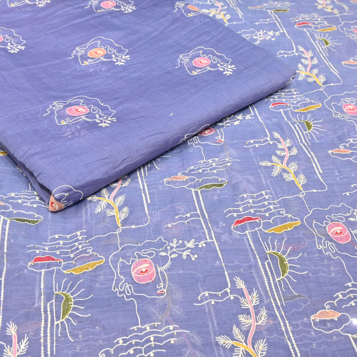 Soft Blue Mul Chanderi Fabric with allover Sequins Thread Embroidery.