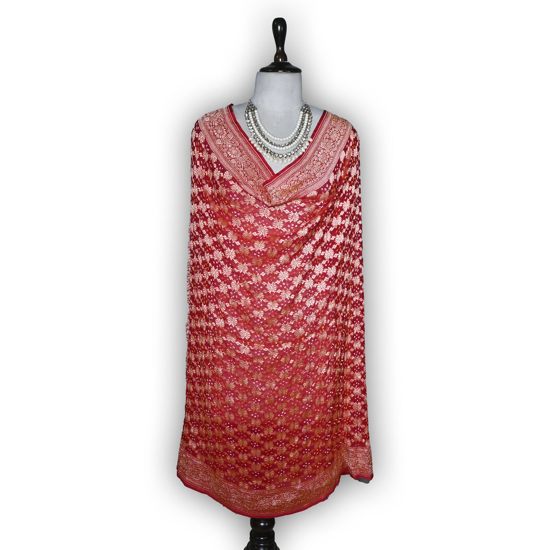 Red Gharchola Bandhani Dupatta in Pure Georgette – Traditional Zari Woven Festive Dupatta