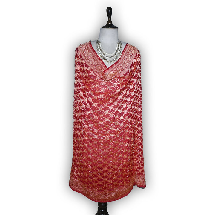 Red Gharchola Bandhani Dupatta in Pure Georgette – Traditional Zari Woven Festive Dupatta