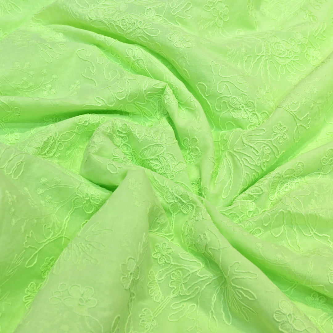 Pistachio Green Color Cotton Floral Thread Embroidery Fabric – Soft Designer Embroidered Cotton Fabric 0AT112-8
