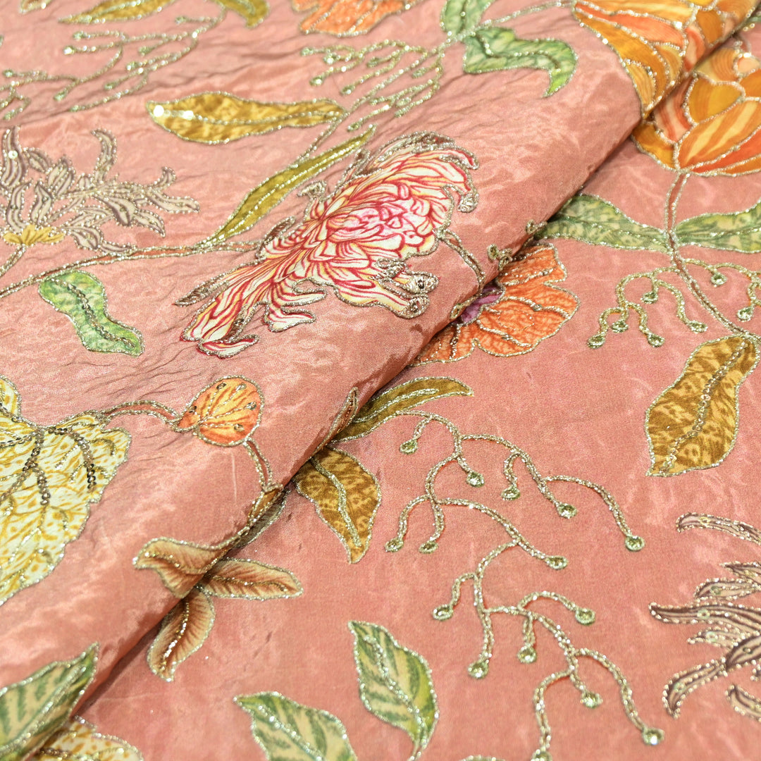 Multi Color Crepe Position Print Zari Sequence Embroidery Fabric-0NP432-3