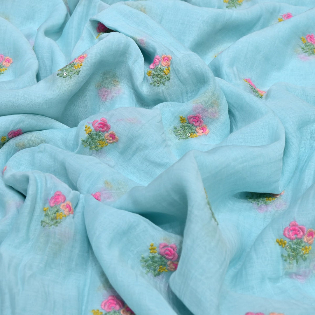 Coral Blue Color Mul Chanderi Thread & Sequins Embroidery Fabric | Designer Fabric-V01954C