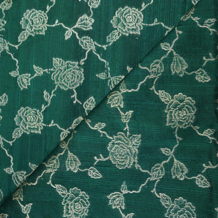 Dark Green  Pure row silk Zari Brocade fabric. | 165-192G