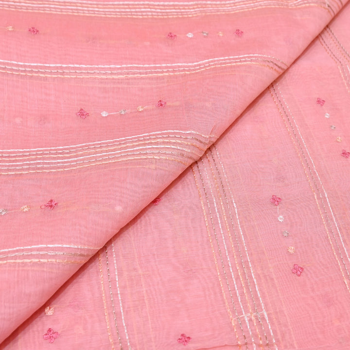 Soft Pink Rose Color Mul Chanderi Thread Embroidery Fabric
