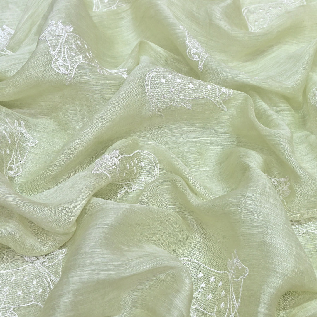 Sage Green Color Linen Thread Embroidery Fabrics – Soft Designer Linen Embroidered Fabric-031168-4