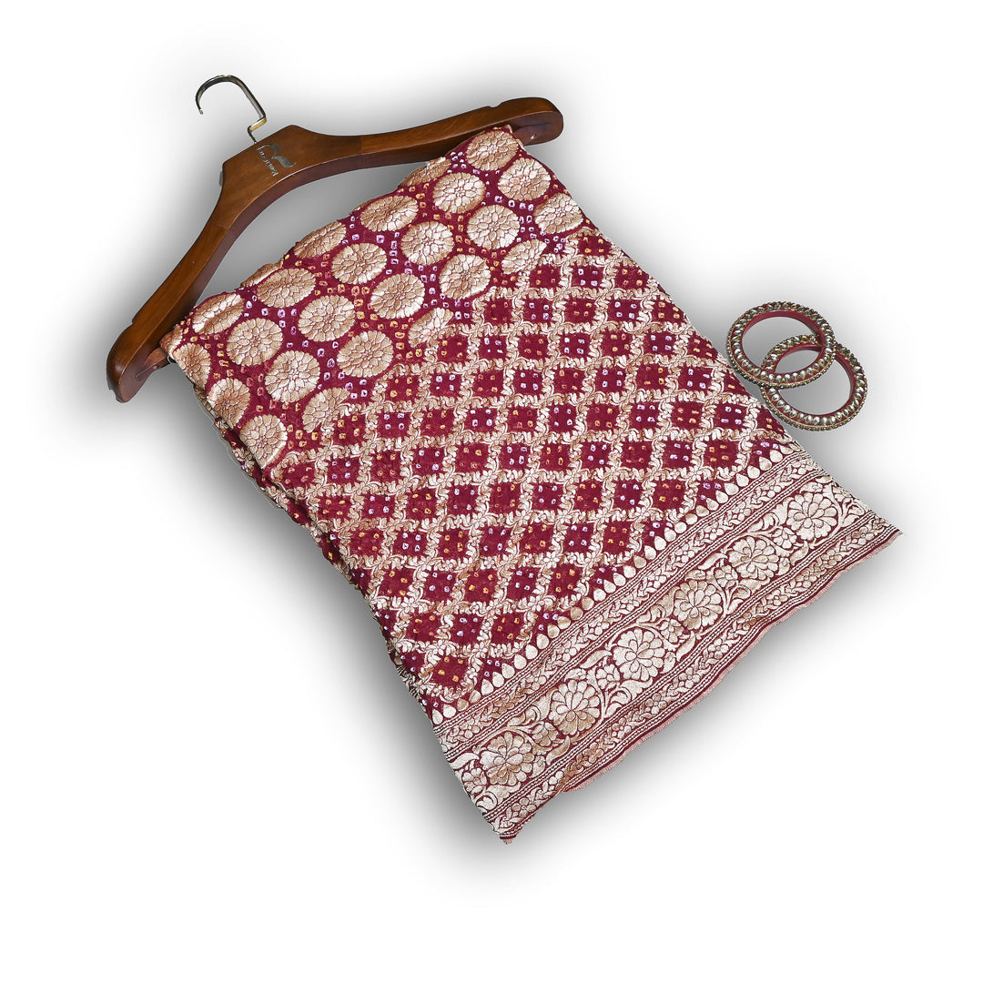 Maroon Gharchola Bandhani Dupatta in Pure Georgette – Traditional Zari Woven Festive Dupatta