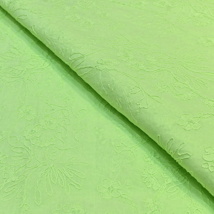 Pistachio Green Color Cotton Floral Thread Embroidery Fabric – Soft Designer Embroidered Cotton Fabric 0AT112-8