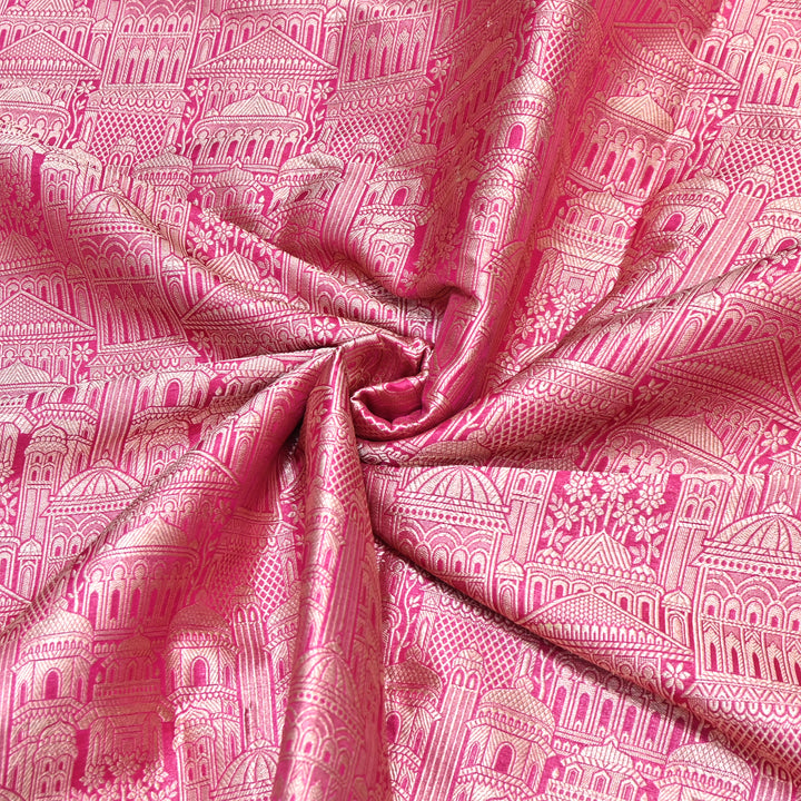 Pink Color Pure Silk Alfi Zari Brocade Fabric 44" – Luxury Traditional Designer Fabric ZTF001-7