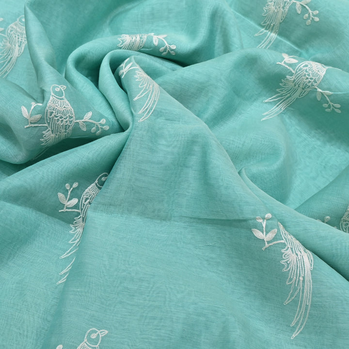 AQUA SAGE BLUE COLOR MUL CHANDERI THREAD EMBROIDERY FABRIC GP4120A-4