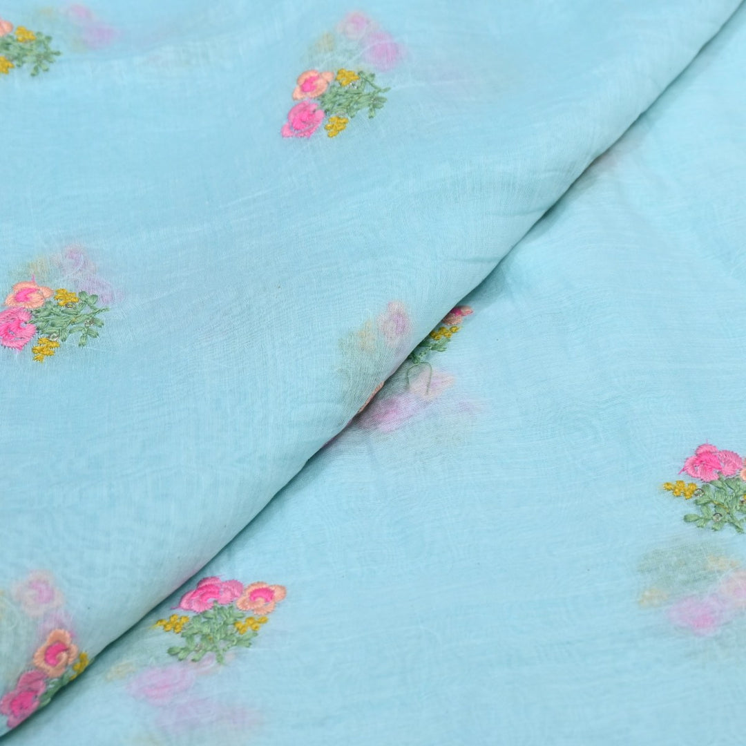 Coral Blue Color Mul Chanderi Thread & Sequins Embroidery Fabric | Designer Fabric-V01954C