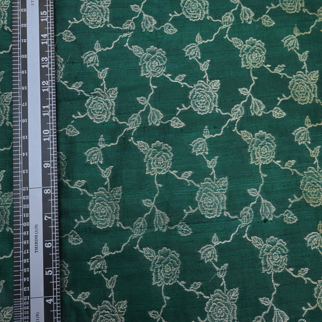 Dark Green  Pure row silk Zari Brocade fabric. | 165-192G