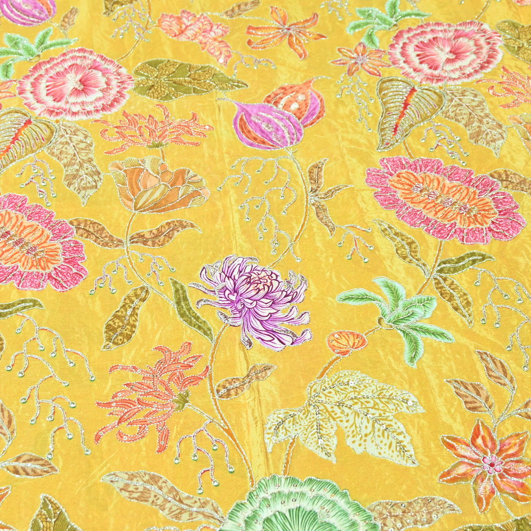 Multi Color Crepe Position Print Zari Sequence Embroidery Fabric-0NP432-4
