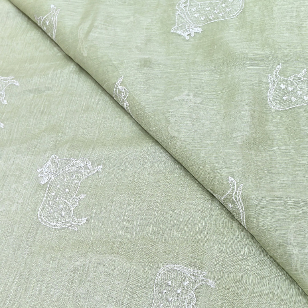 Sage Green Color Linen Thread Embroidery Fabrics – Soft Designer Linen Embroidered Fabric-031168-4