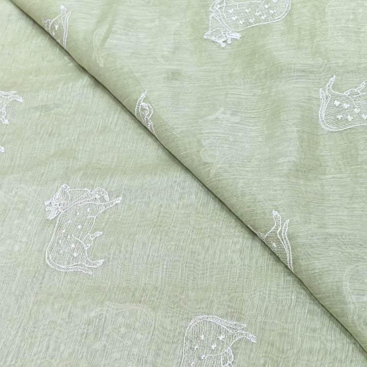 Sage Green Color Linen Thread Embroidery Fabrics – Soft Designer Linen Embroidered Fabric-031168-4