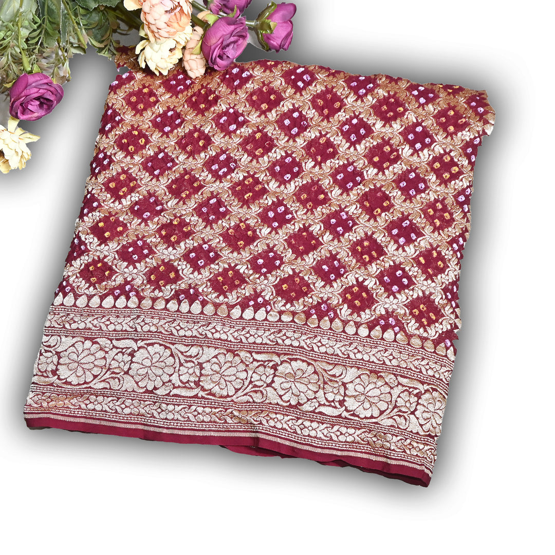 Maroon Gharchola Bandhani Dupatta in Pure Georgette – Traditional Zari Woven Festive Dupatta