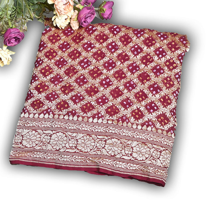 Maroon Gharchola Bandhani Dupatta in Pure Georgette – Traditional Zari Woven Festive Dupatta