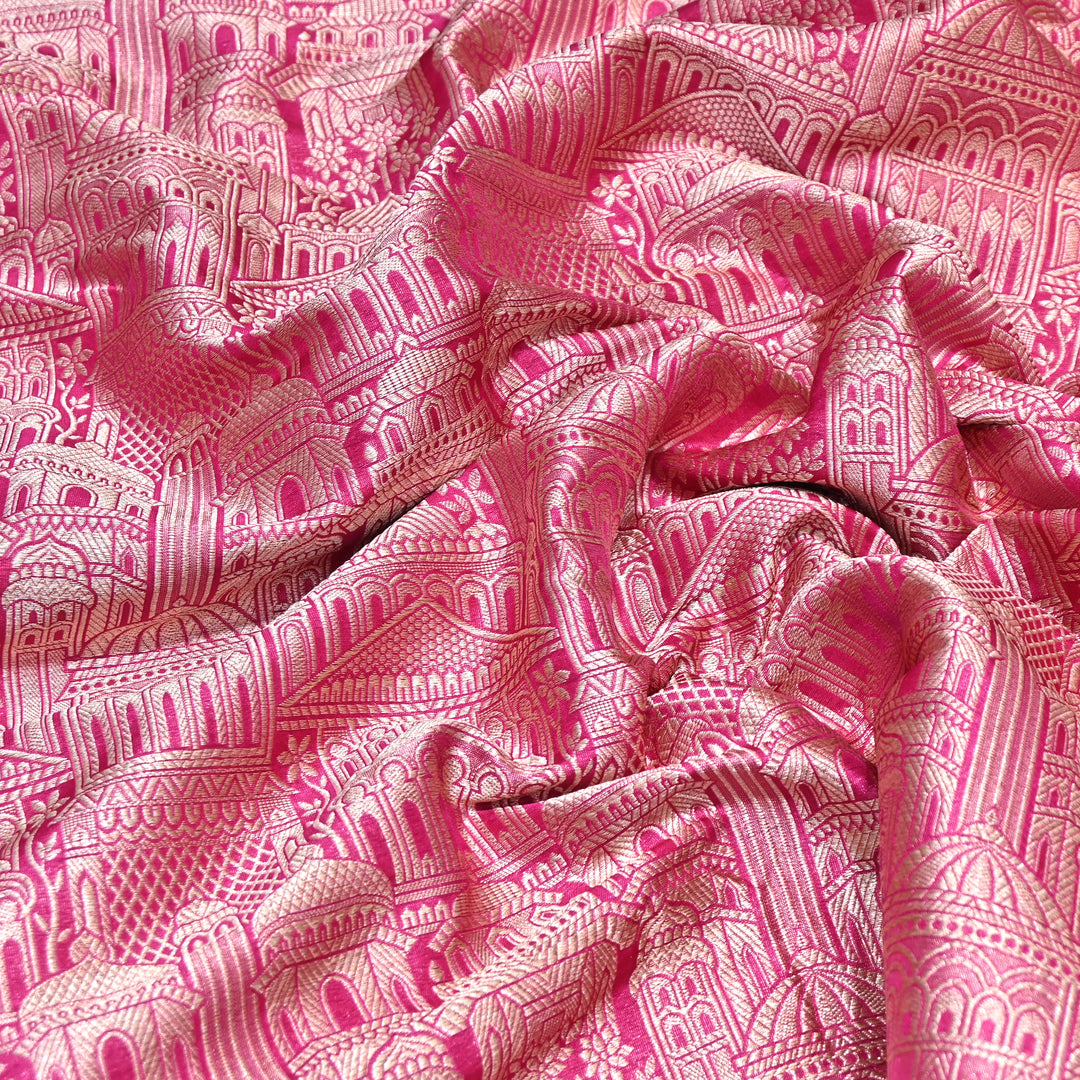 Pink Color Pure Silk Alfi Zari Brocade Fabric 44" – Luxury Traditional Designer Fabric ZTF001-7
