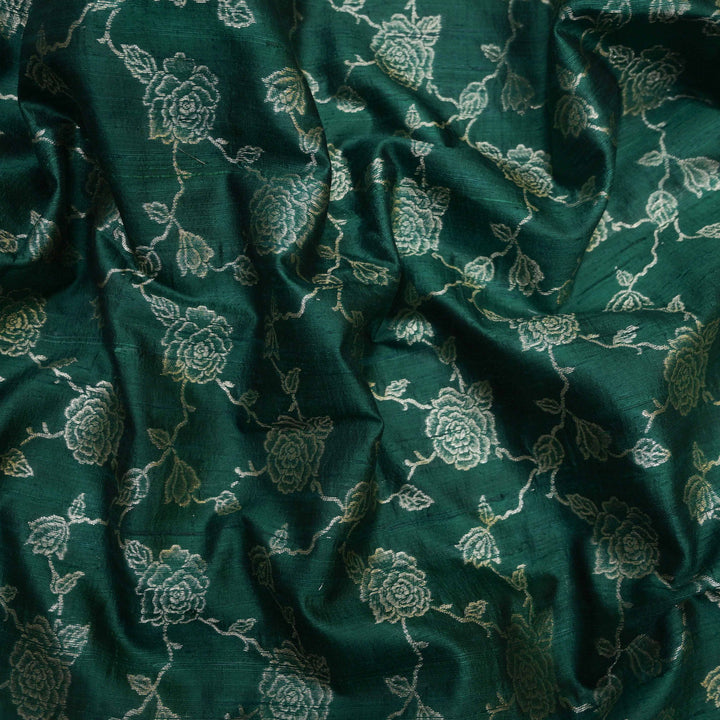 Dark Green  Pure row silk Zari Brocade fabric. | 165-192G