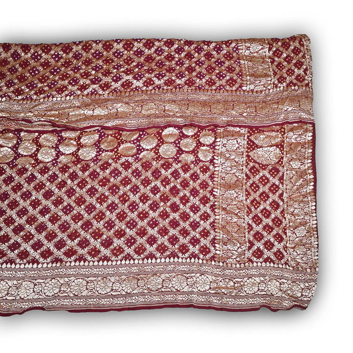 Maroon Gharchola Bandhani Dupatta in Pure Georgette – Traditional Zari Woven Festive Dupatta