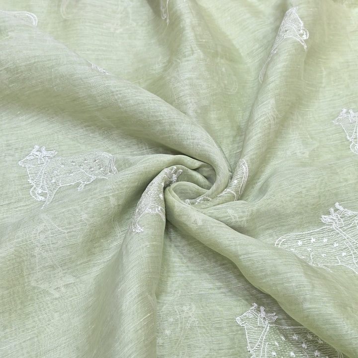 Sage Green Color Linen Thread Embroidery Fabrics – Soft Designer Linen Embroidered Fabric-031168-4