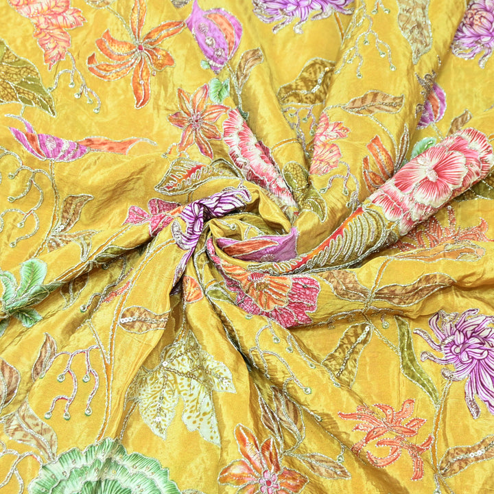 Multi Color Crepe Position Print Zari Sequence Embroidery Fabric-0NP432-4